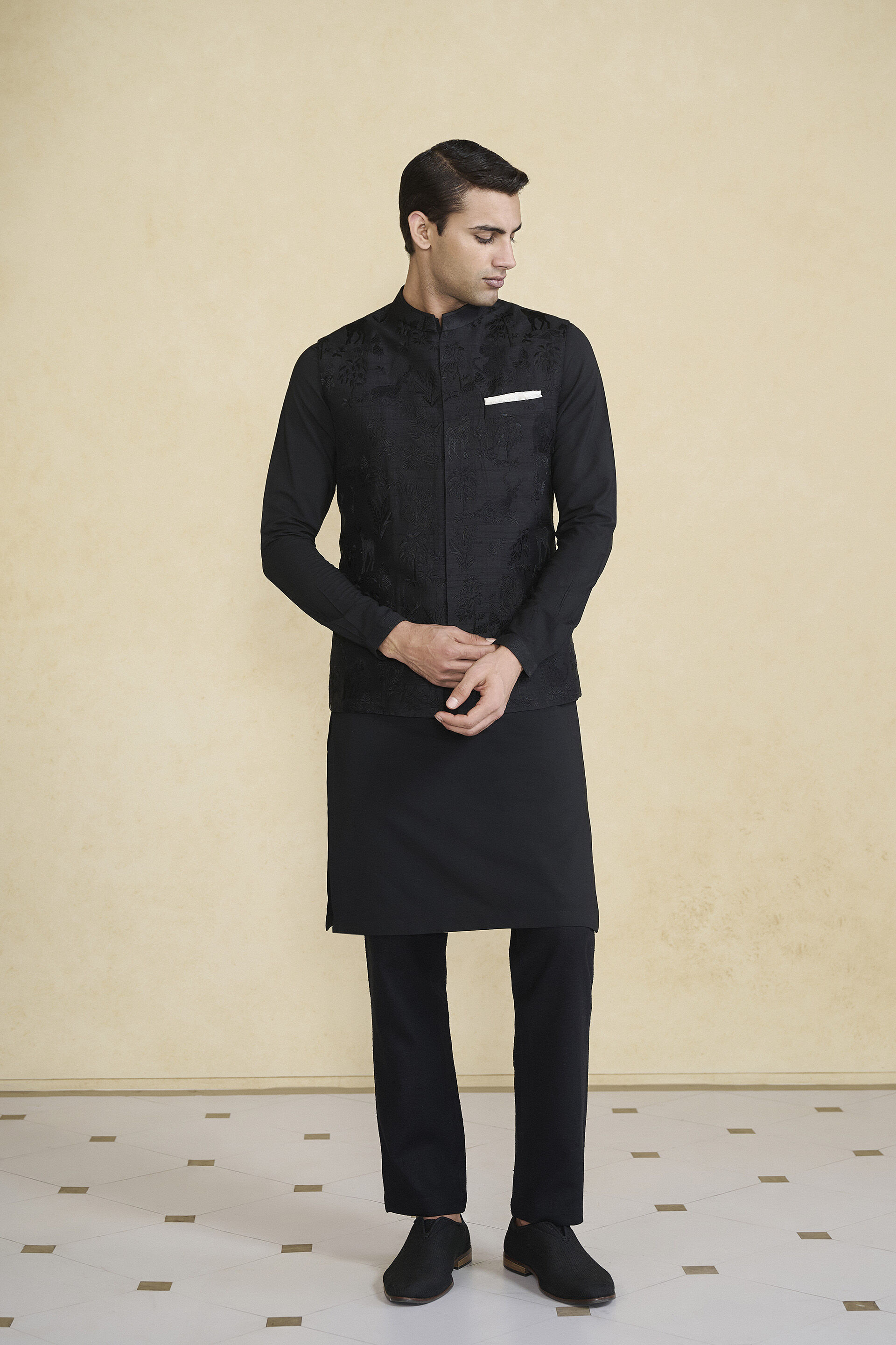 Atik Embroidered Silk Nehru Jacket - Black