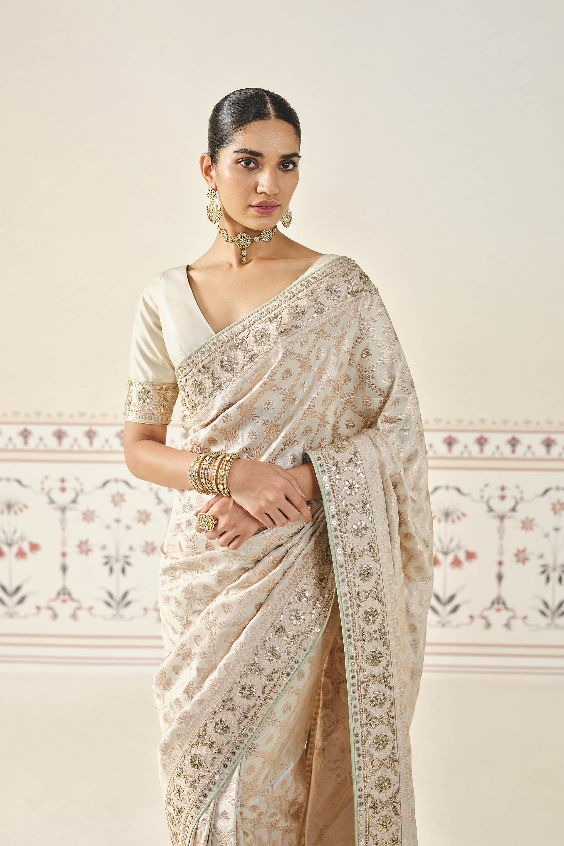 Azores Handwoven Benarasi Gota Patti Silk Saree Cream