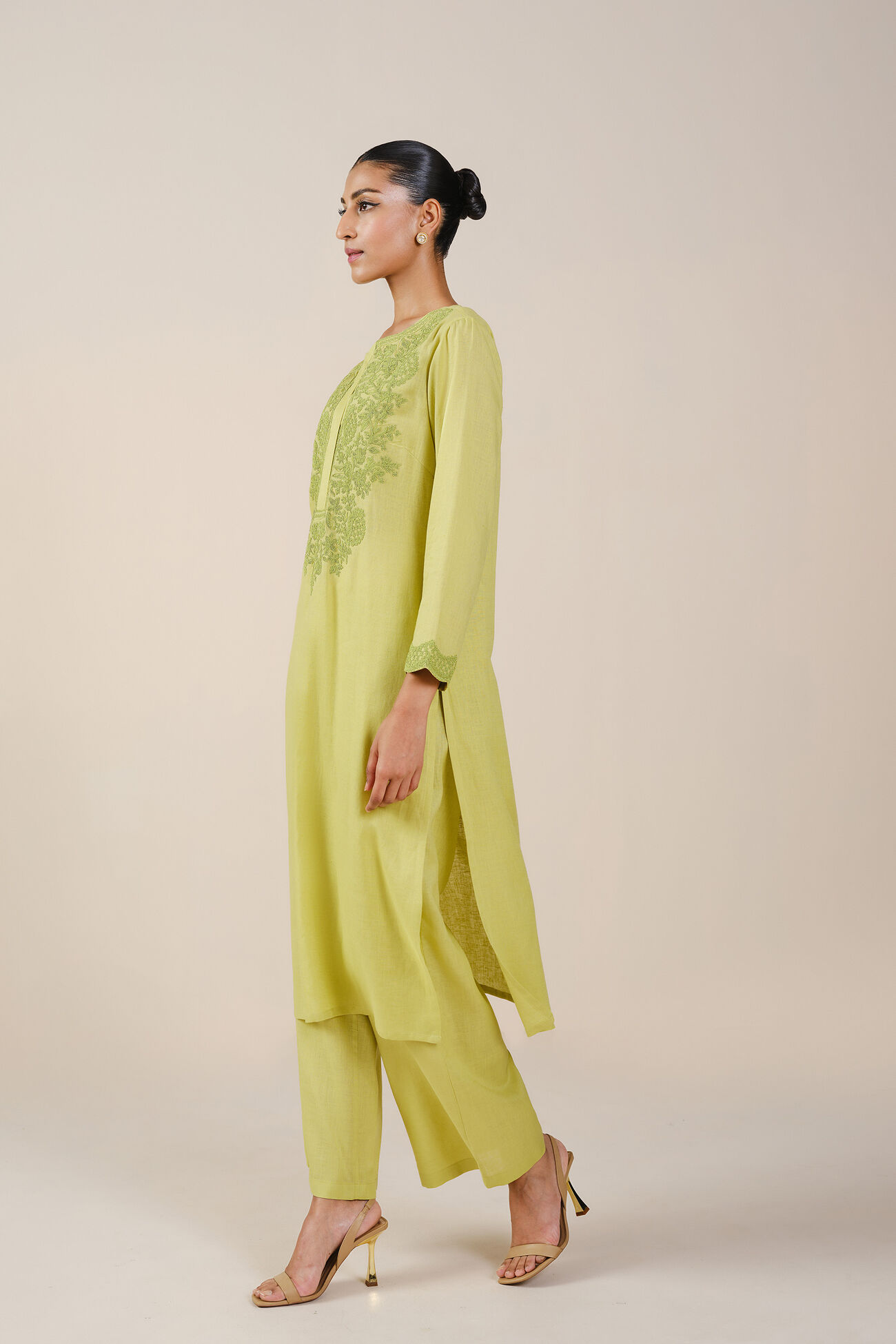 Lauryn Embroidered Linen Kurta Set - Lime, Lime, image 2