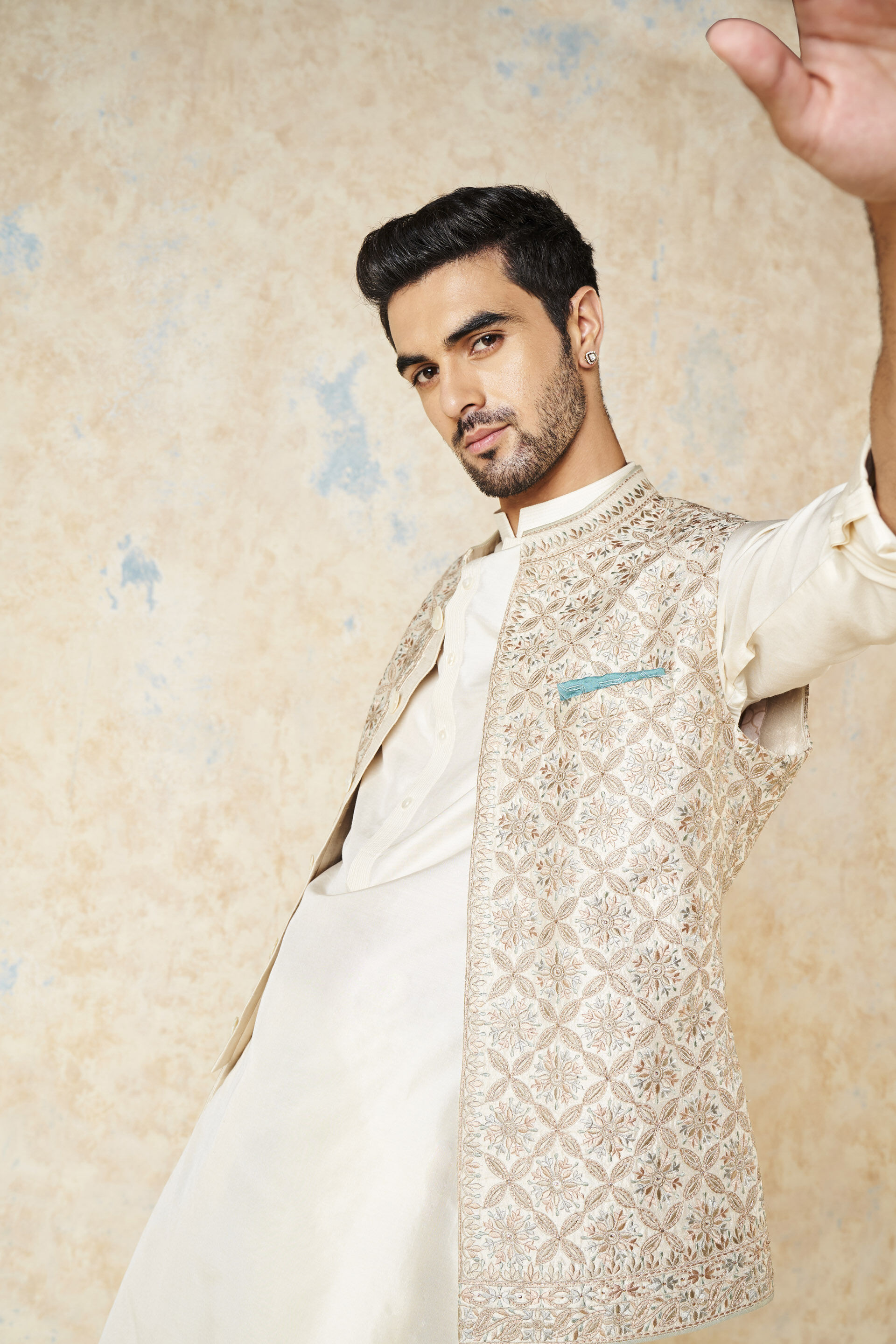 Rayan Embroidered Silk Nehru Jacket - Ivory, Ivory, image 5