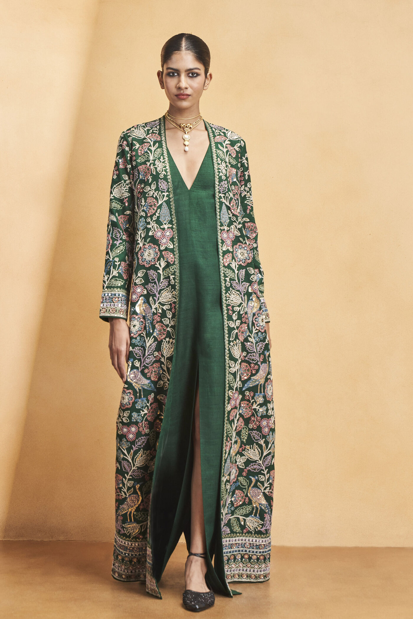Blooming Wildforest SEWA Hand-embroidered Silk Jacket Set - Green