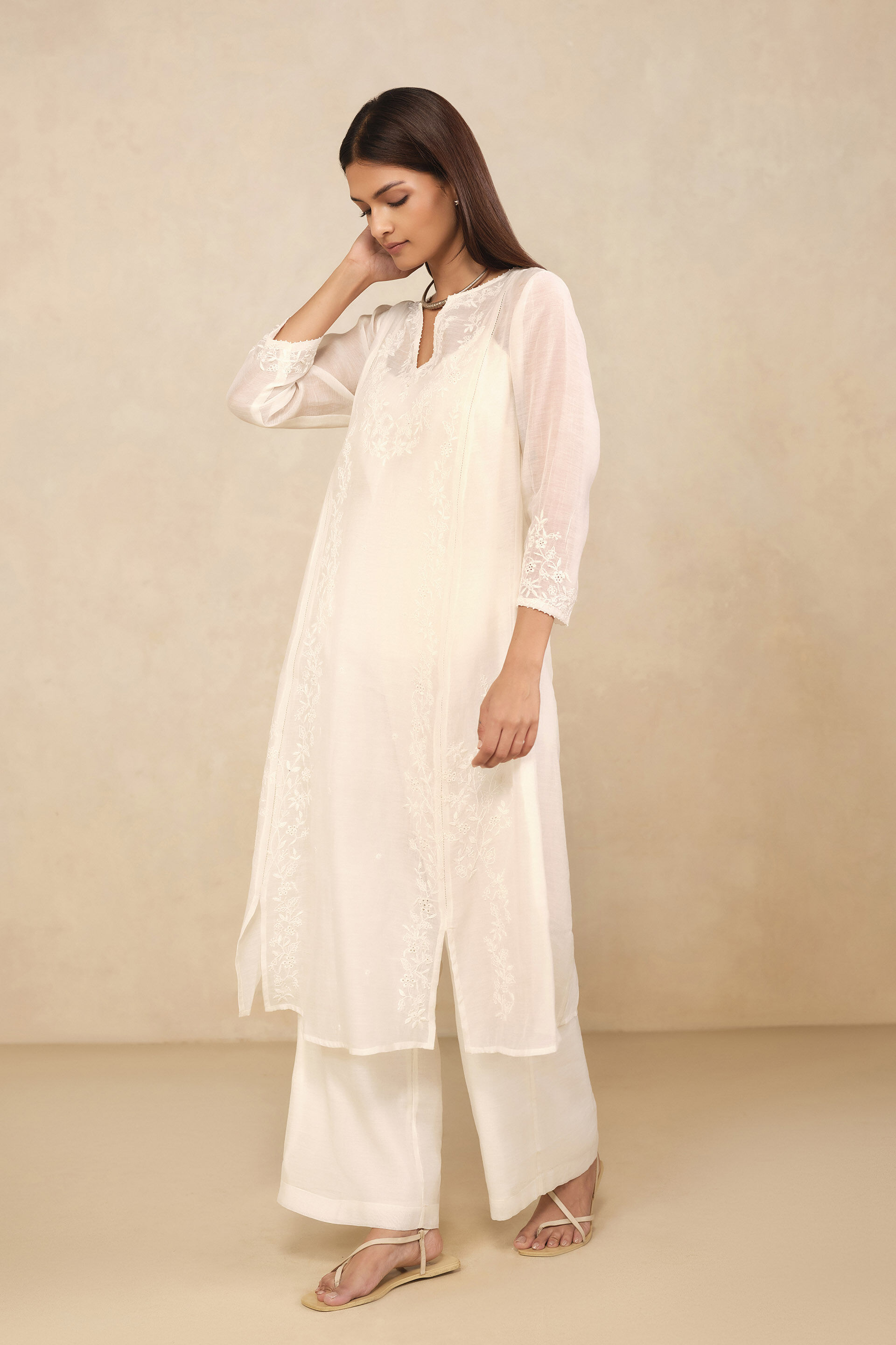 Haiku Hand-embroidered Chikankari Mul Kurta Set - Ivory, Ivory, image 3