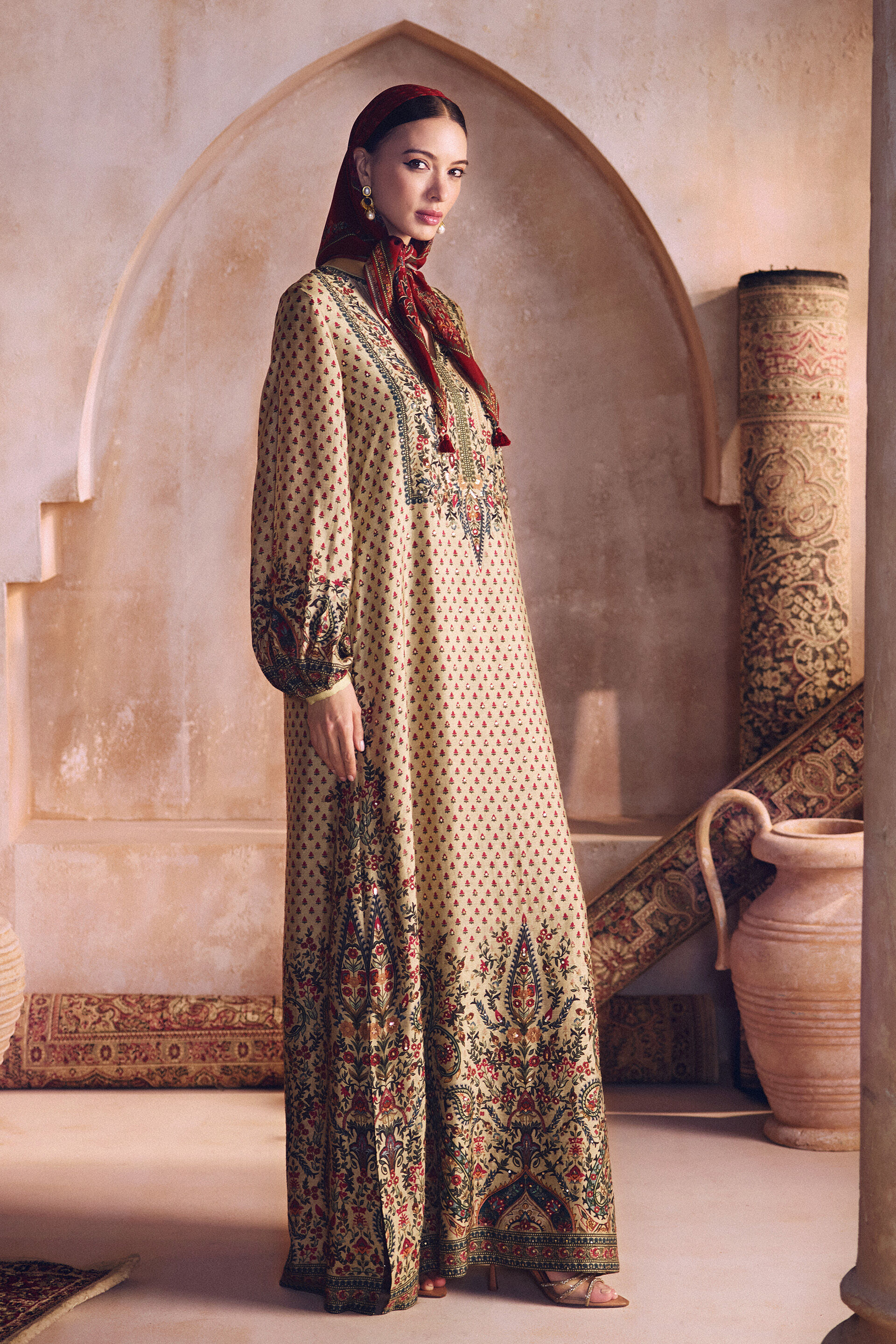 Mehnaz Silk Kaftan - Beige, Beige, image 3