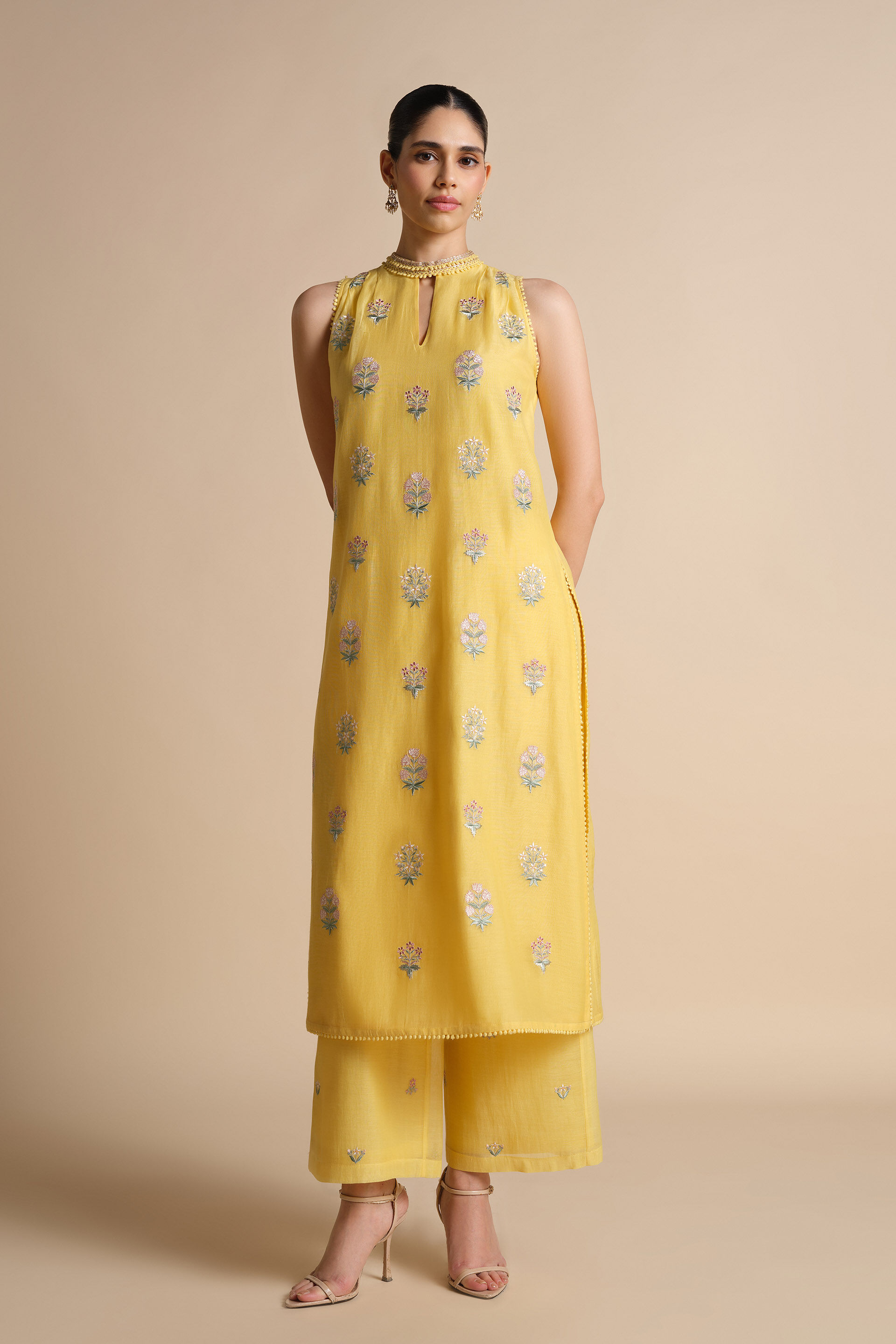 Helianthe Embroidered Mul Suit Set - Yellow, Yellow, image 4