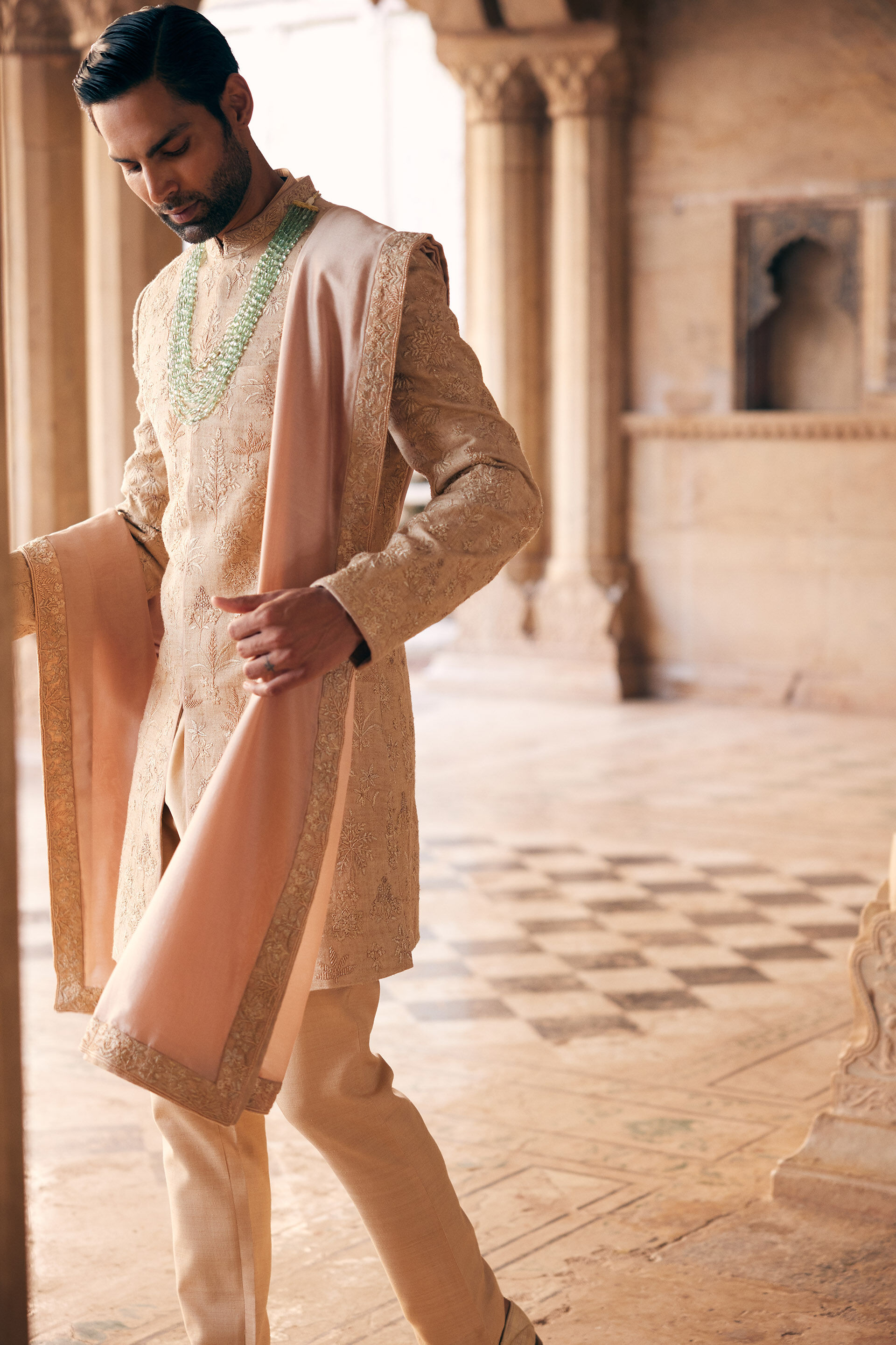 Zimraan Hand-embroidered Silk Sherwani - Beige, Beige, image 5