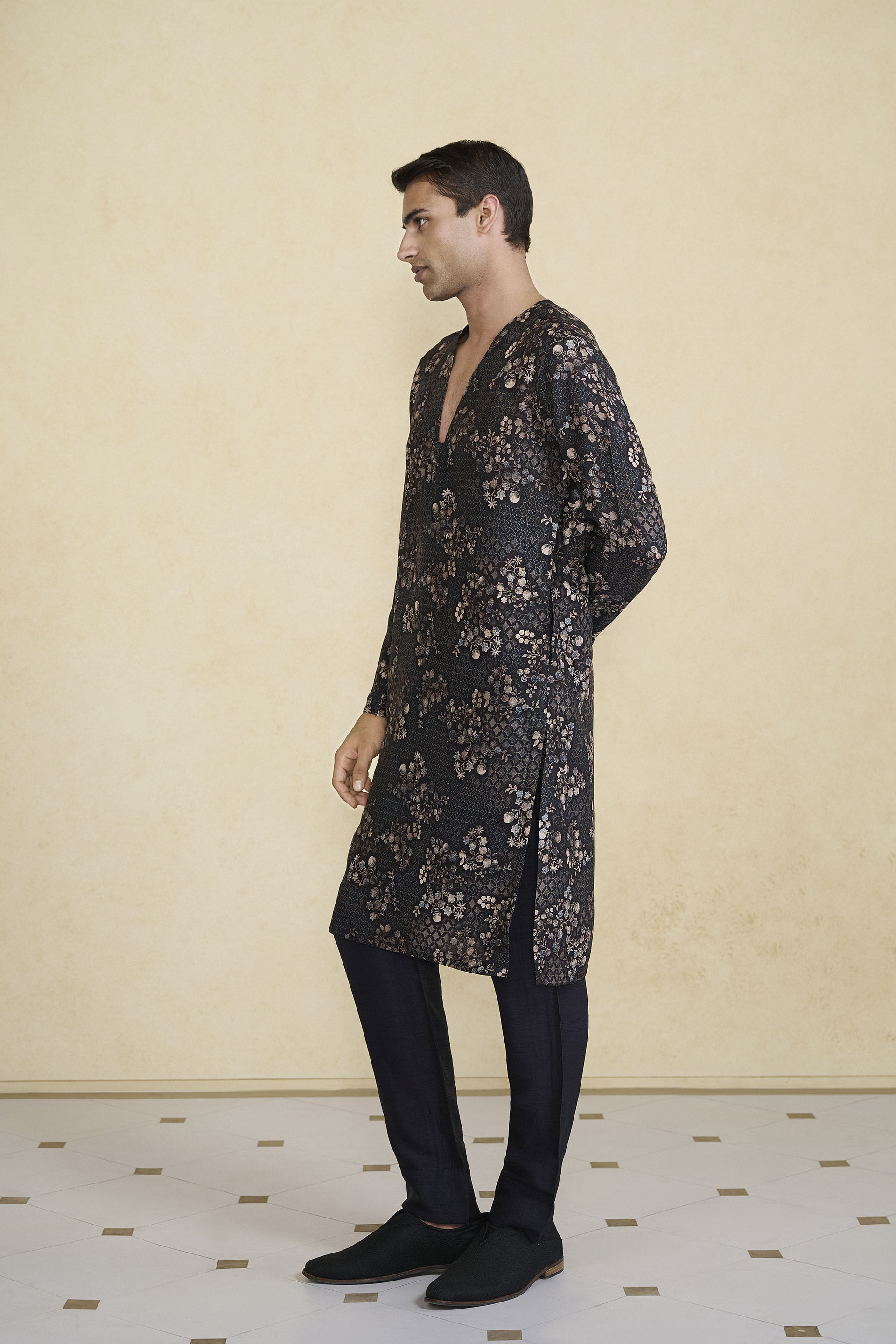 Rukham Printed Silk Kurta - Black, Black, image 5