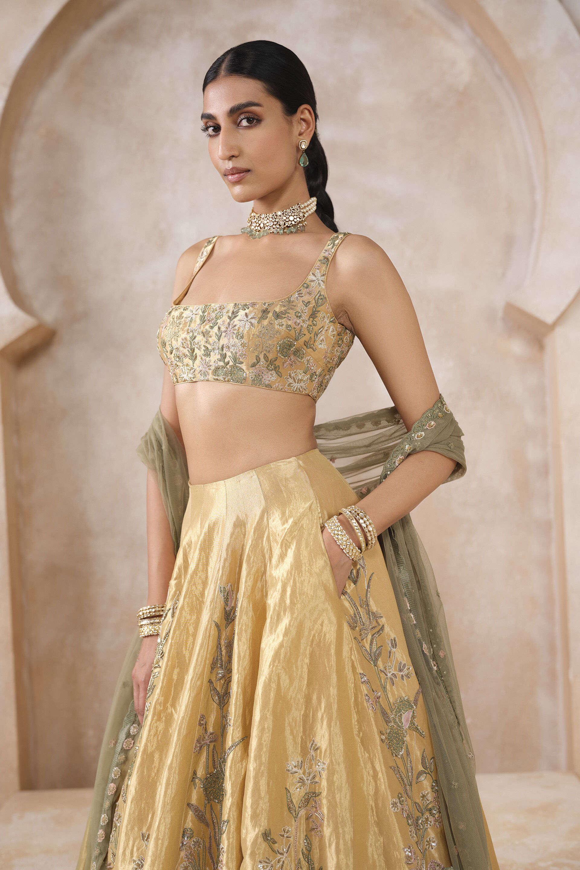 Summerfern Embroidered Lehenga Set - Gold, Gold, image 5