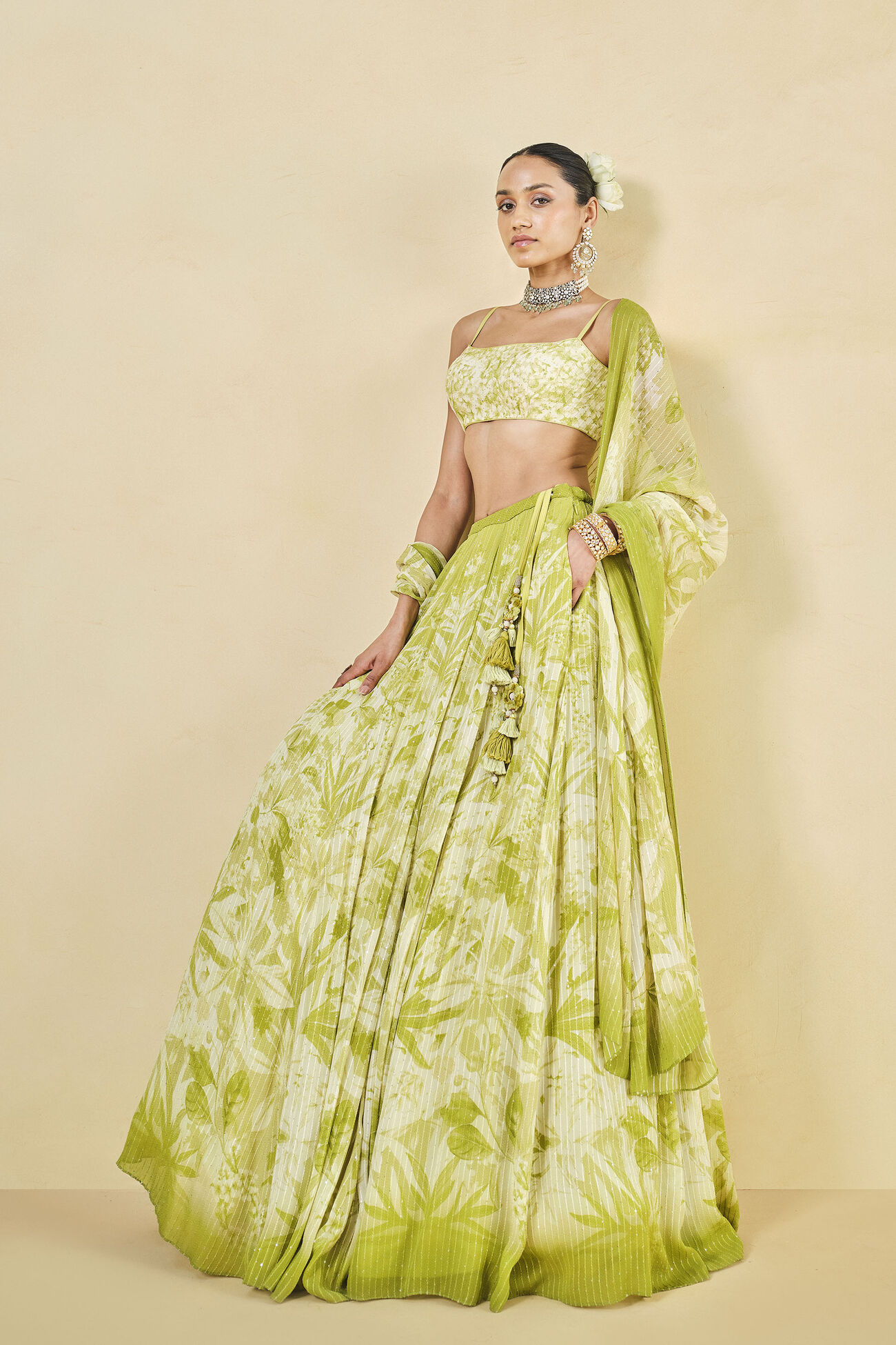 From The Tropics Georgette Lehenga - Lime, Lime, image 3