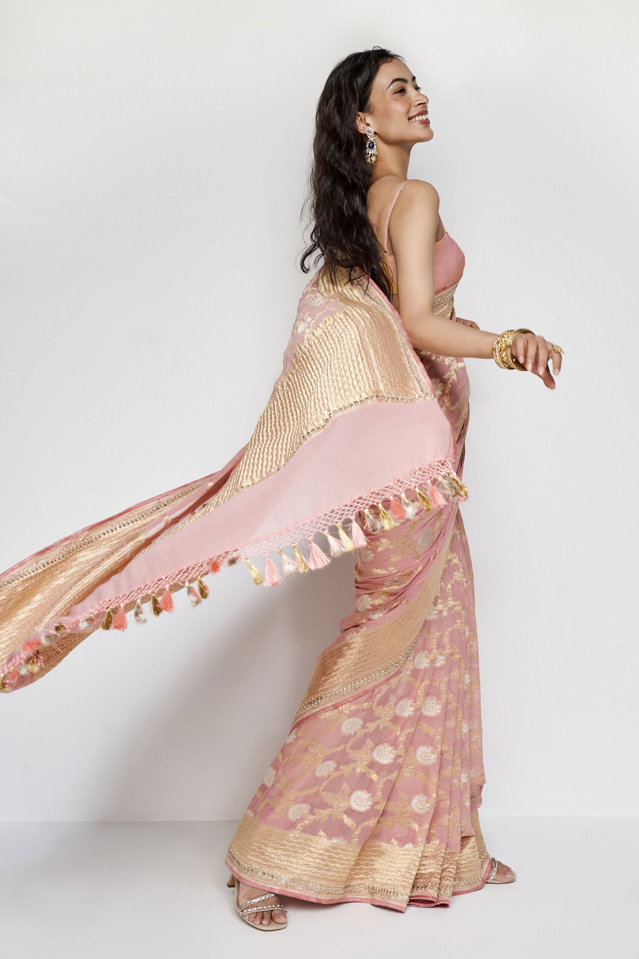 Aaradhana Benarasi Silk Embroidered Saree, Blush, image 4