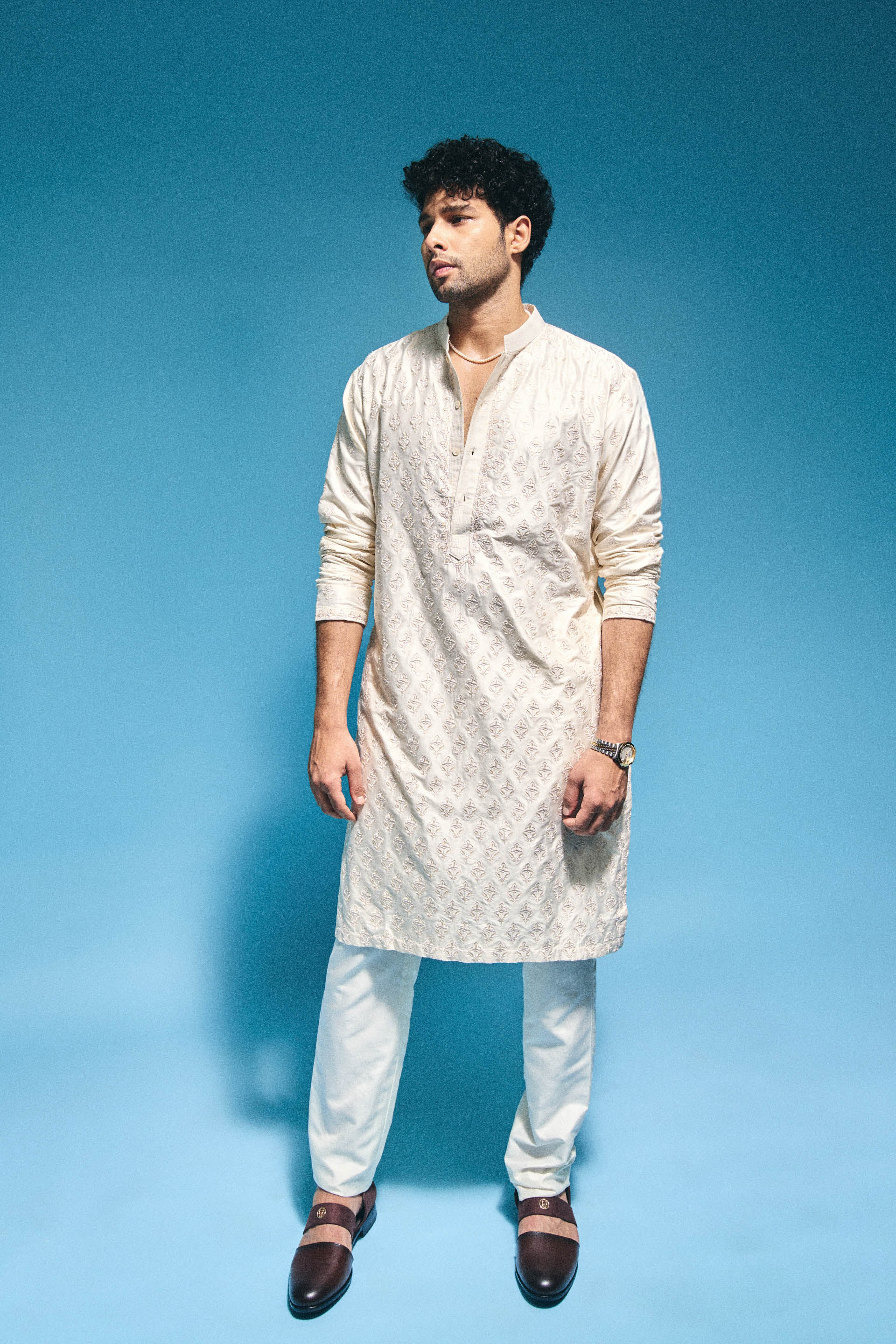 Subhranshu Embroidered Silk Kurta - Ivory, , image 2