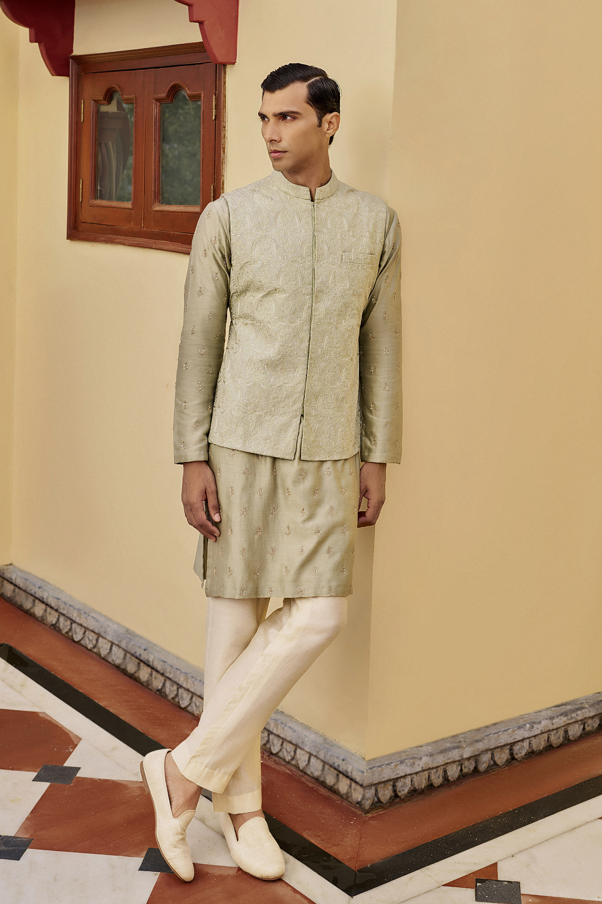 Fondness Embroidered Silk Nehru Jacket - Sage