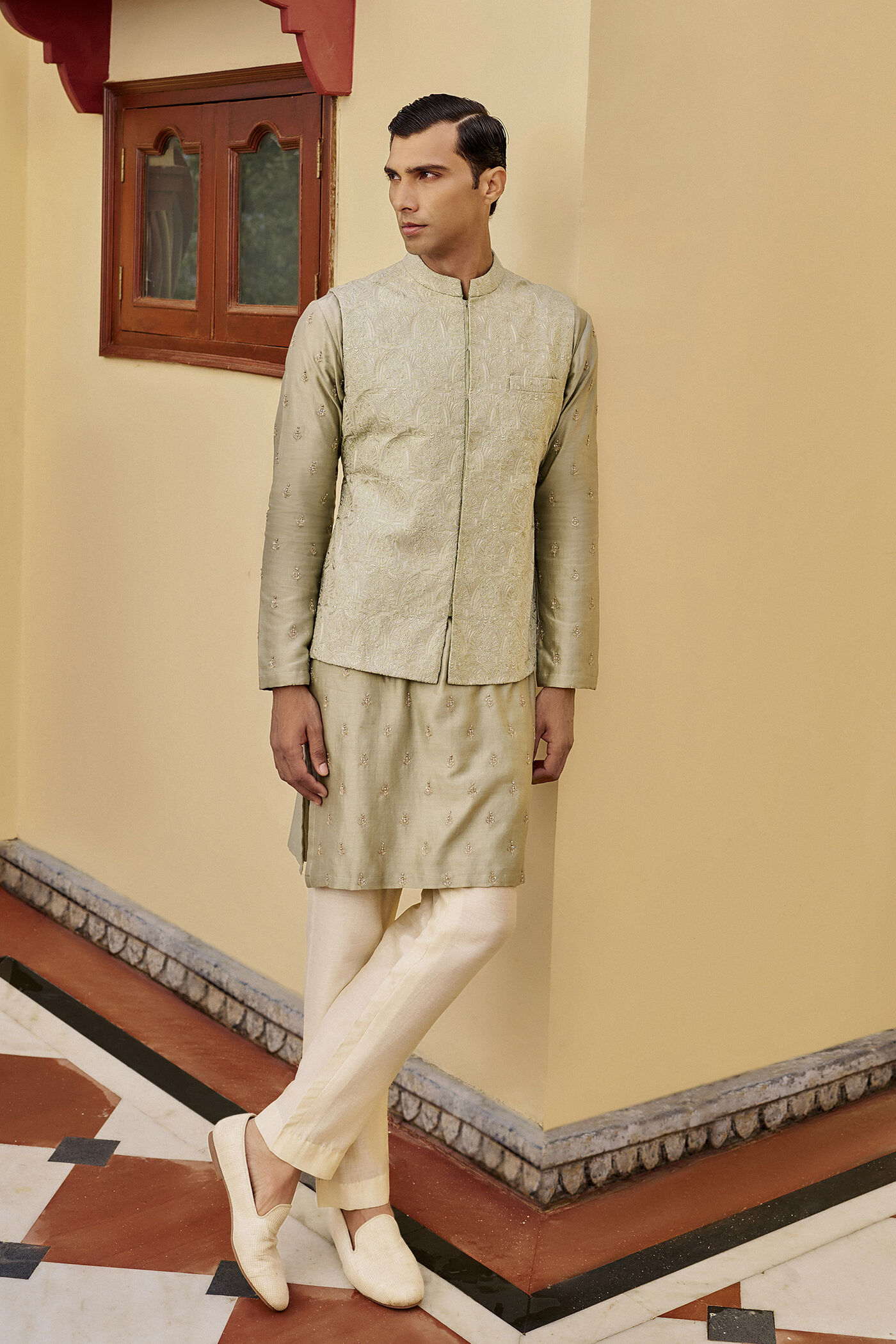 Fondness Embroidered Silk Nehru Jacket - Sage