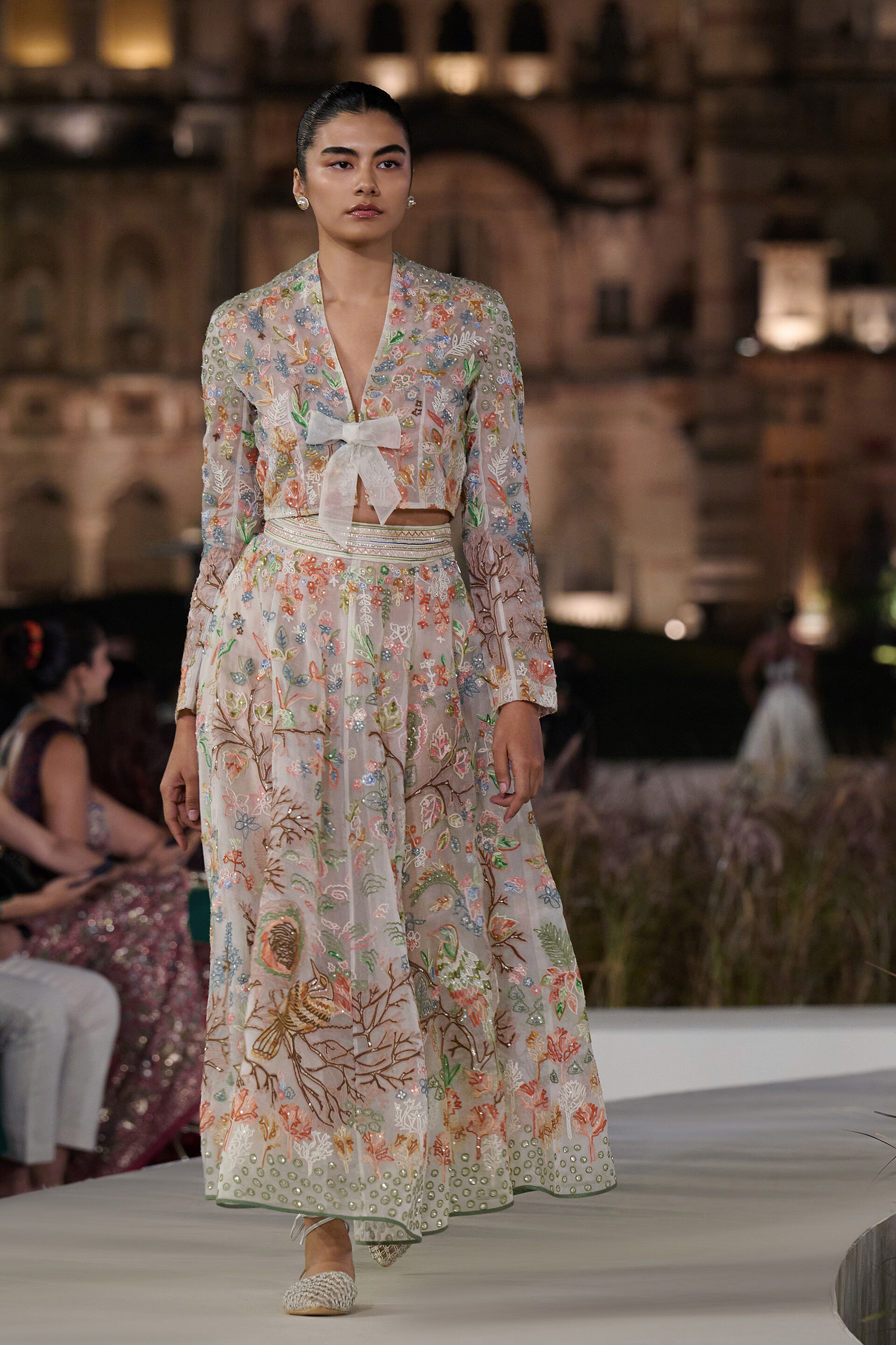 Araminta Hand-embroidered SEWA Silk Skirt Set - Ivory