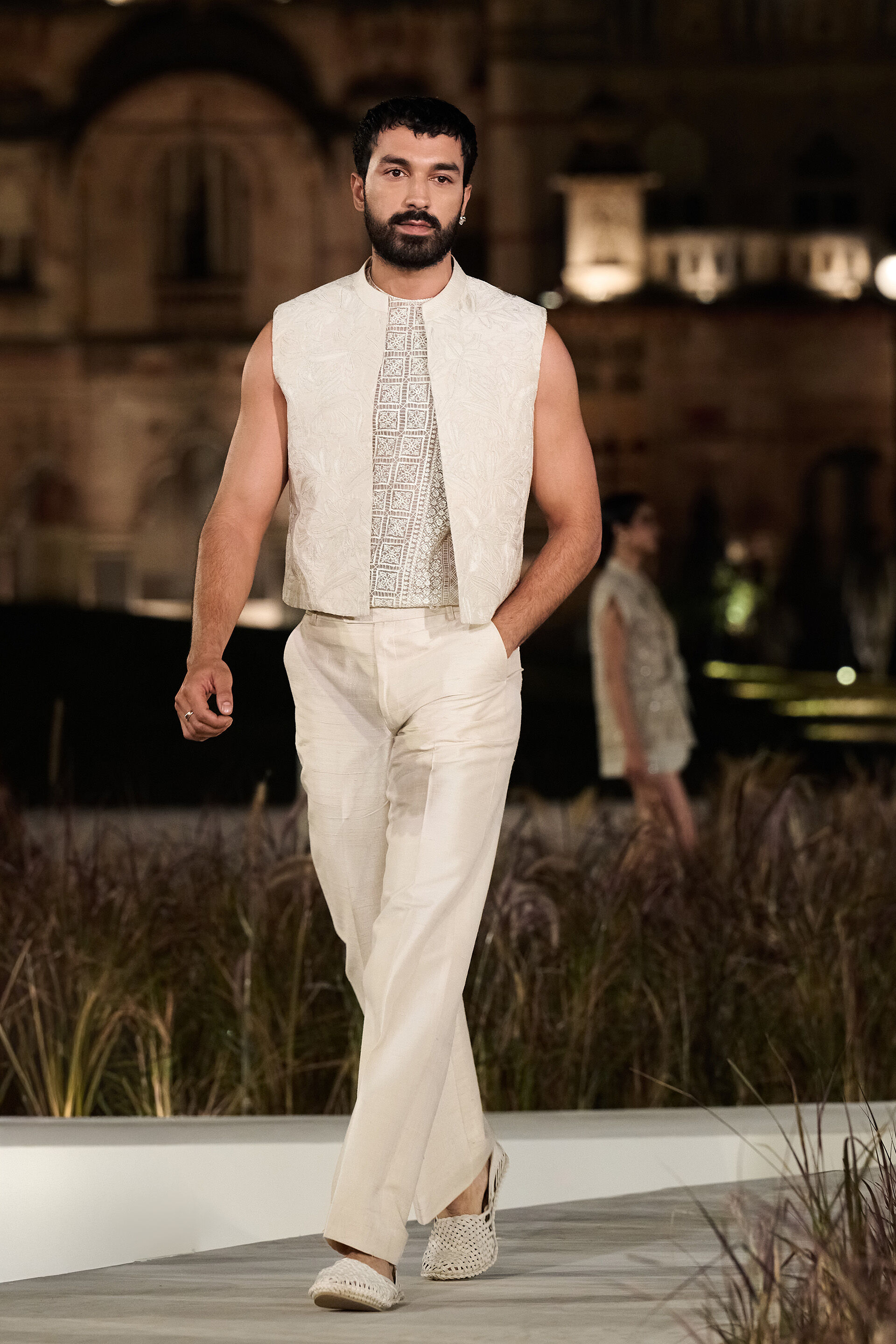 Fintan Embroidered Cord Silk Jacket Set - Ivory