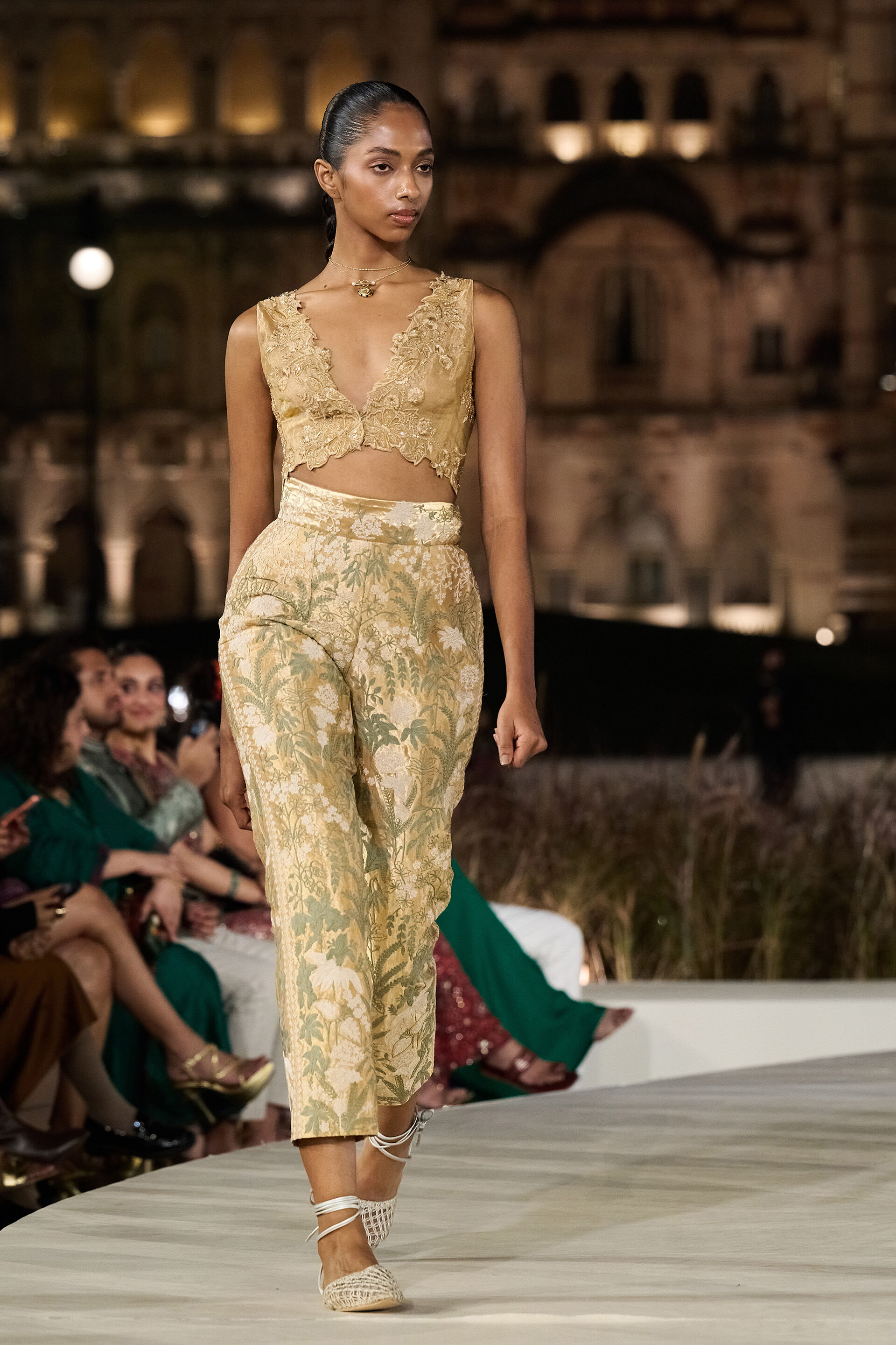 Zephyria Applique & Embroidered Cord Pant Set - Gold