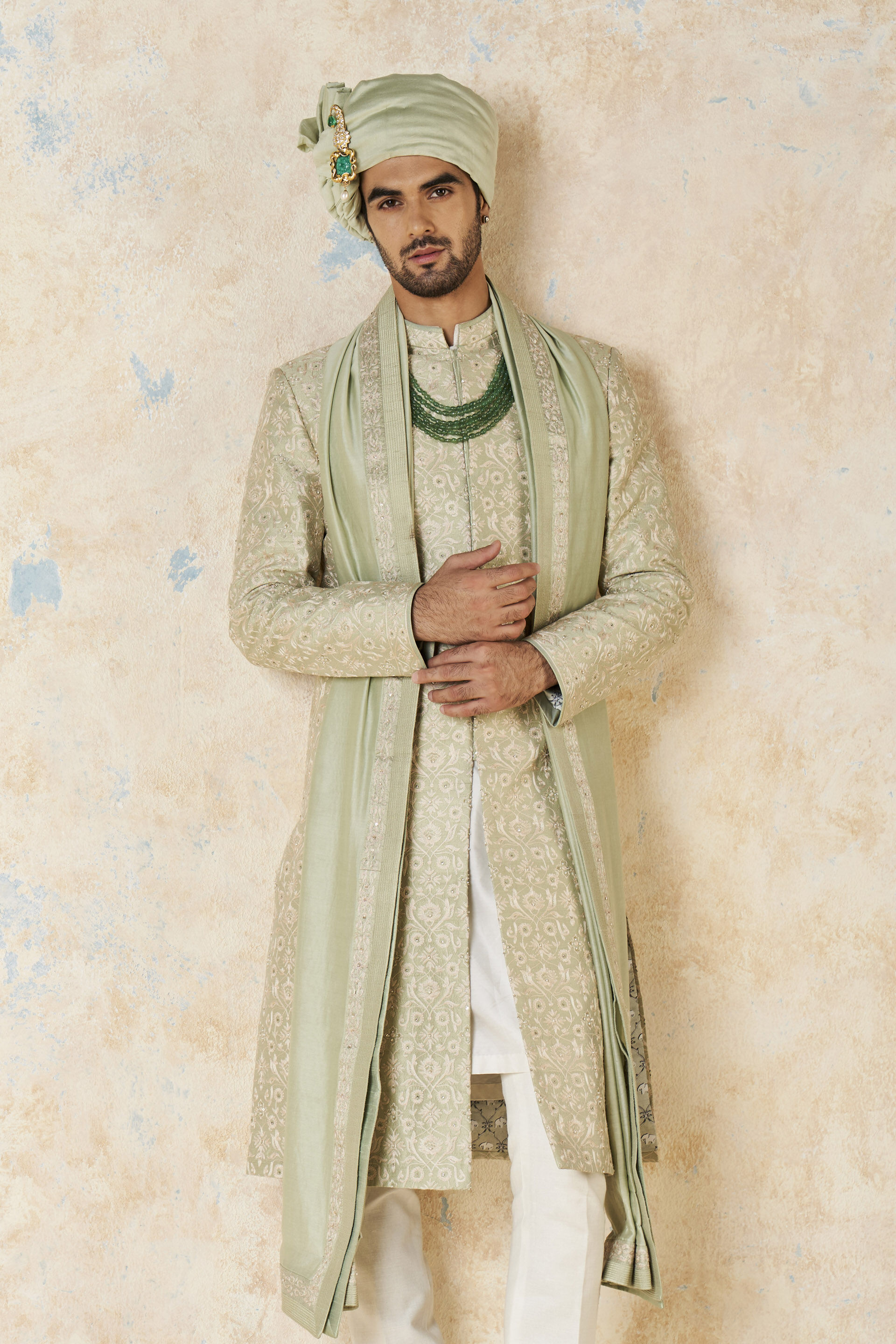 Aajay Zardozi &amp; Aari Silk Sherwani - Sage