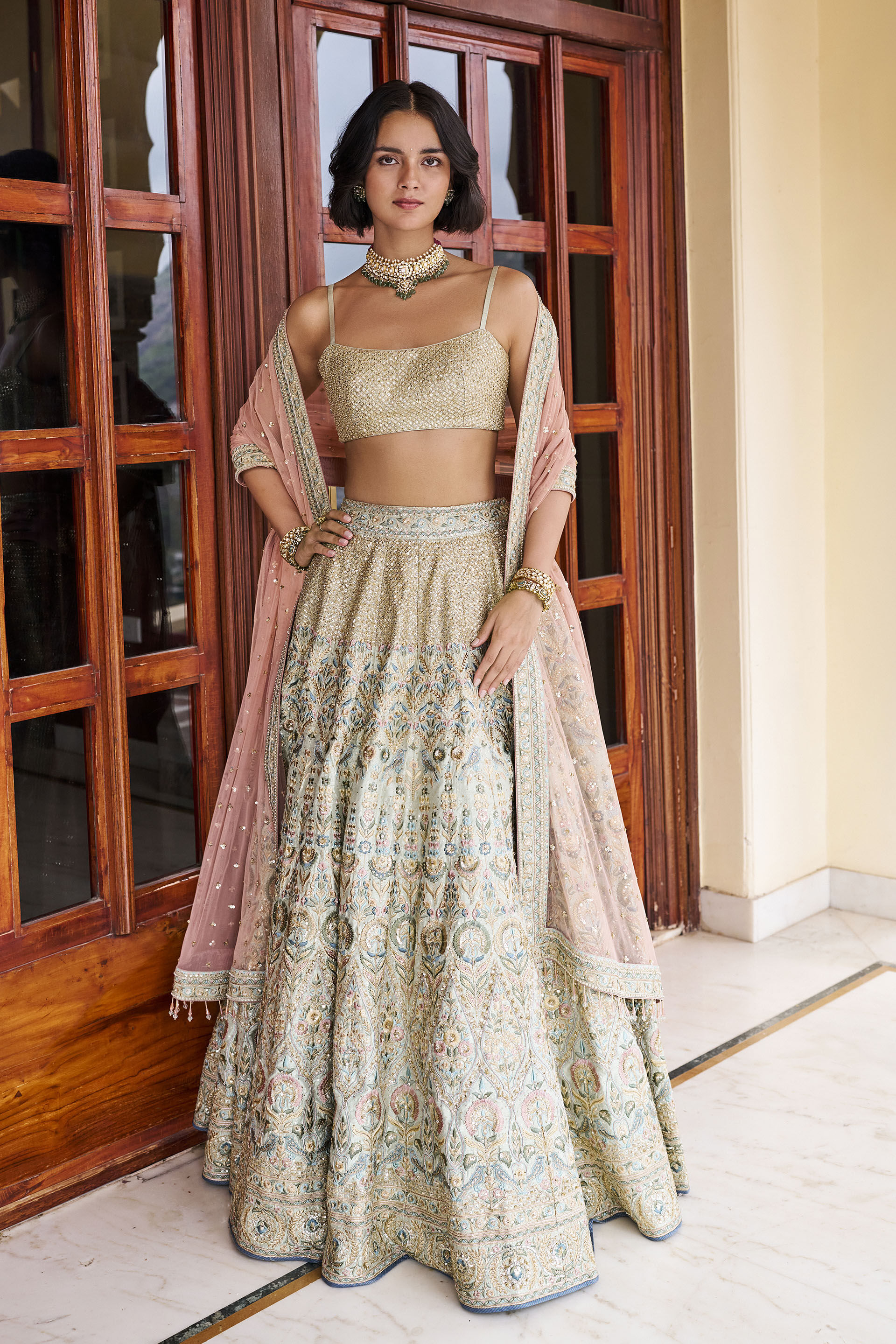 Delight Embroidered Zardozi Silk Lehenga Set - ​Sage, Sage, image 1