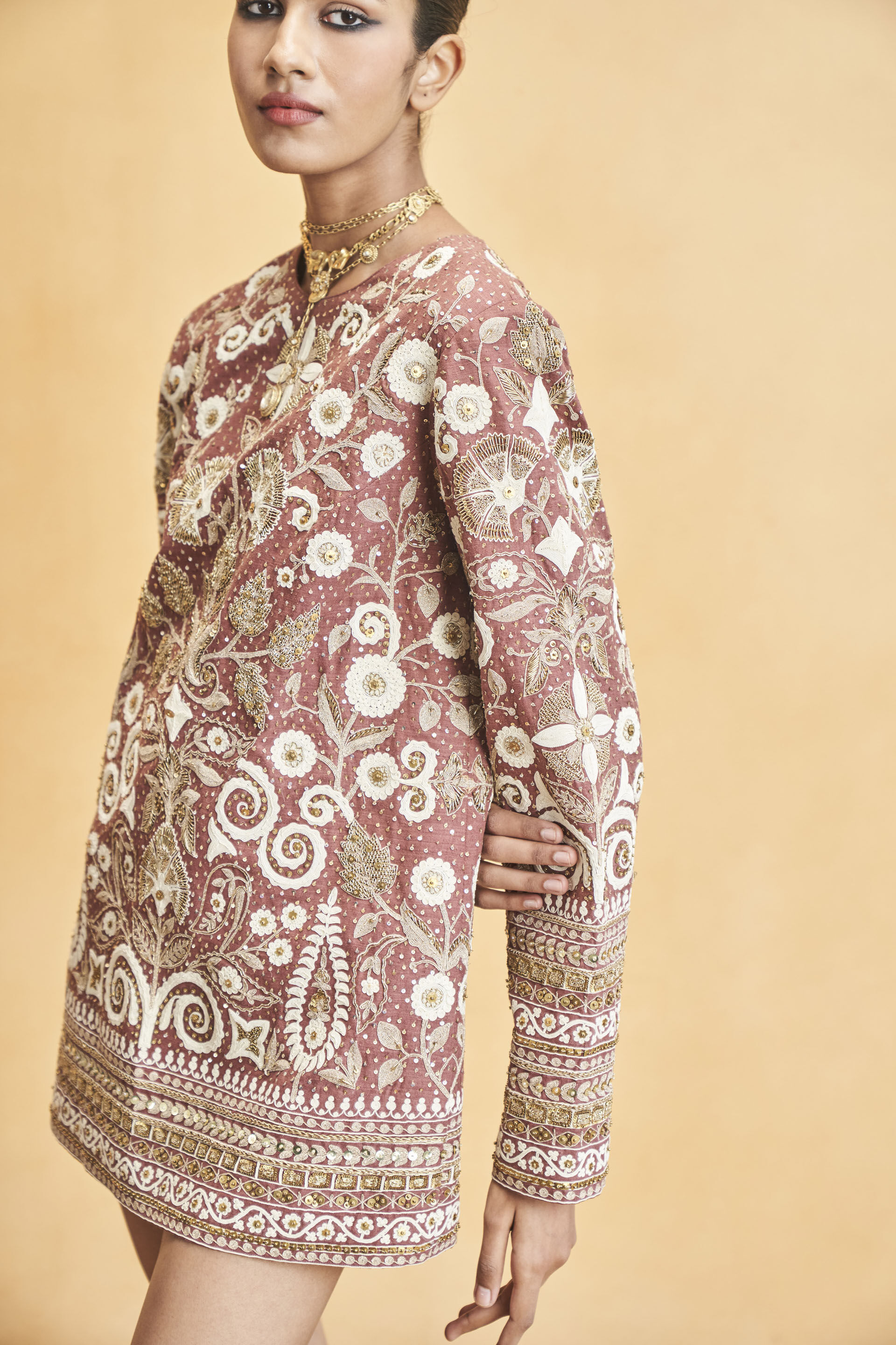 Stargazing Florals Embroidered Cord Silk Dress - Brown, Brown, image 4