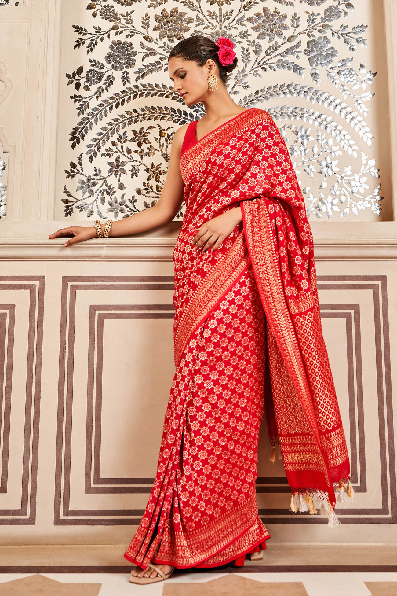 Ridah Benarasi Saree - Red, Red, image 1