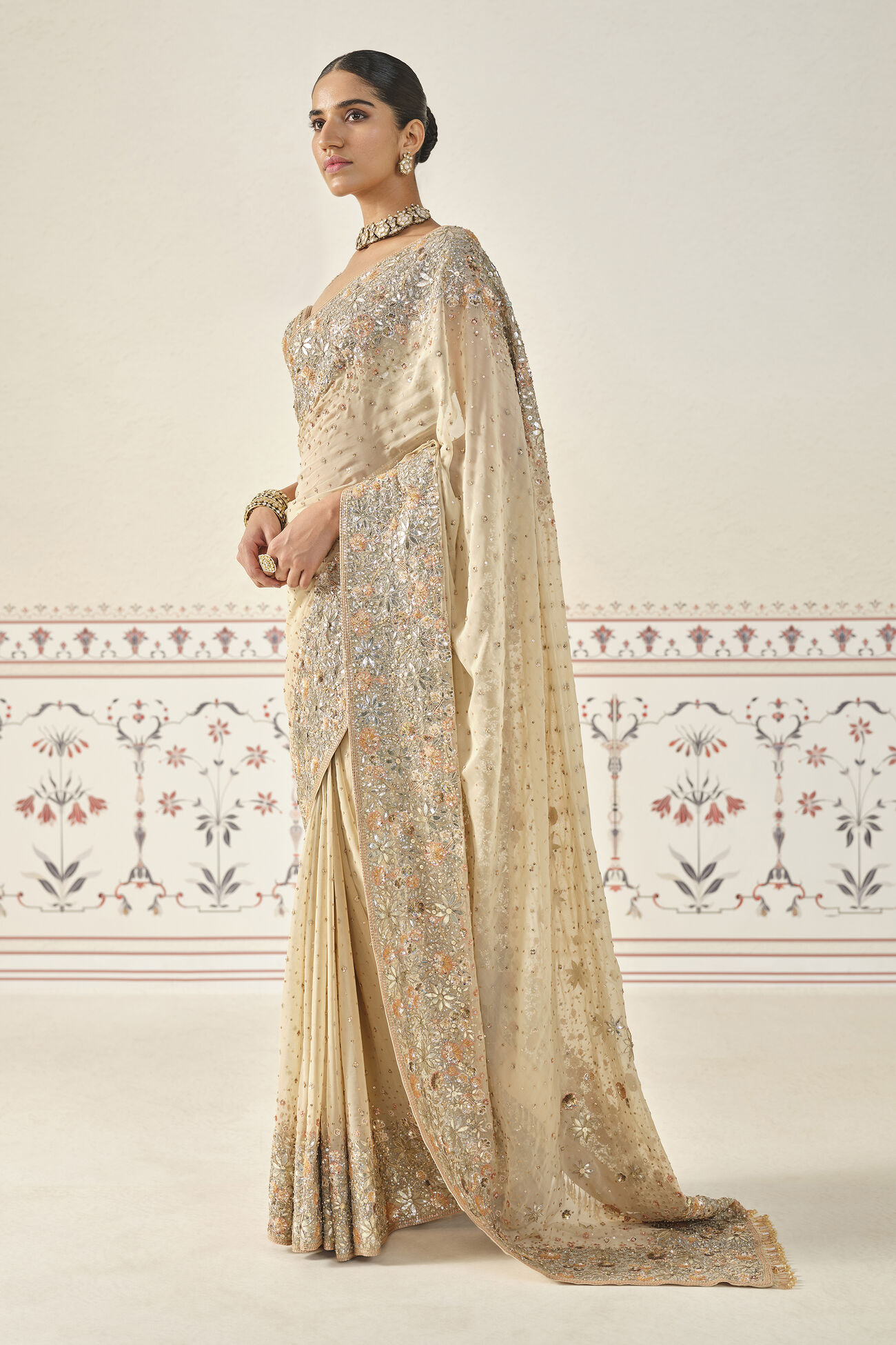 Nabanita Gota Patti Georgette Saree - Flesh, Beige, image 4