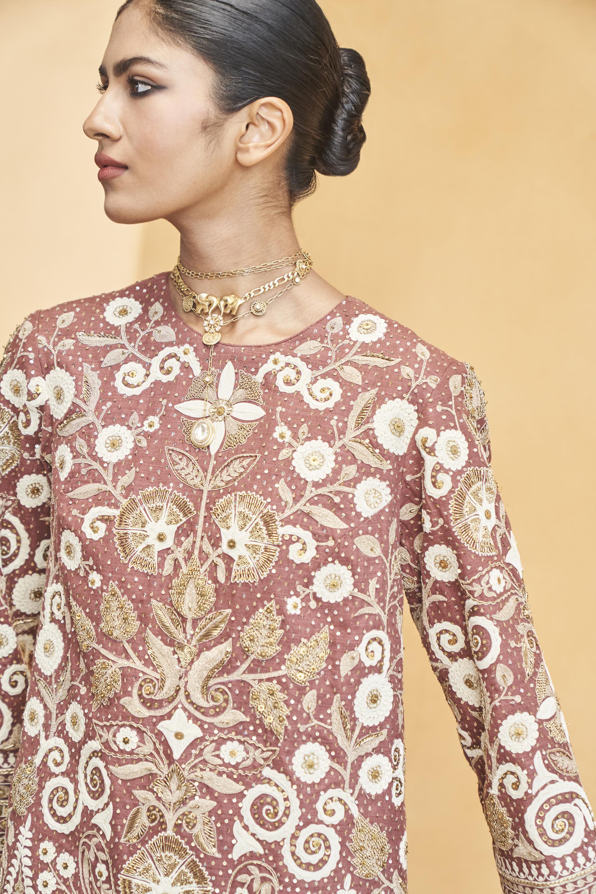 Stargazing Florals Embroidered Cord Silk Dress - Brown, Brown, image 6