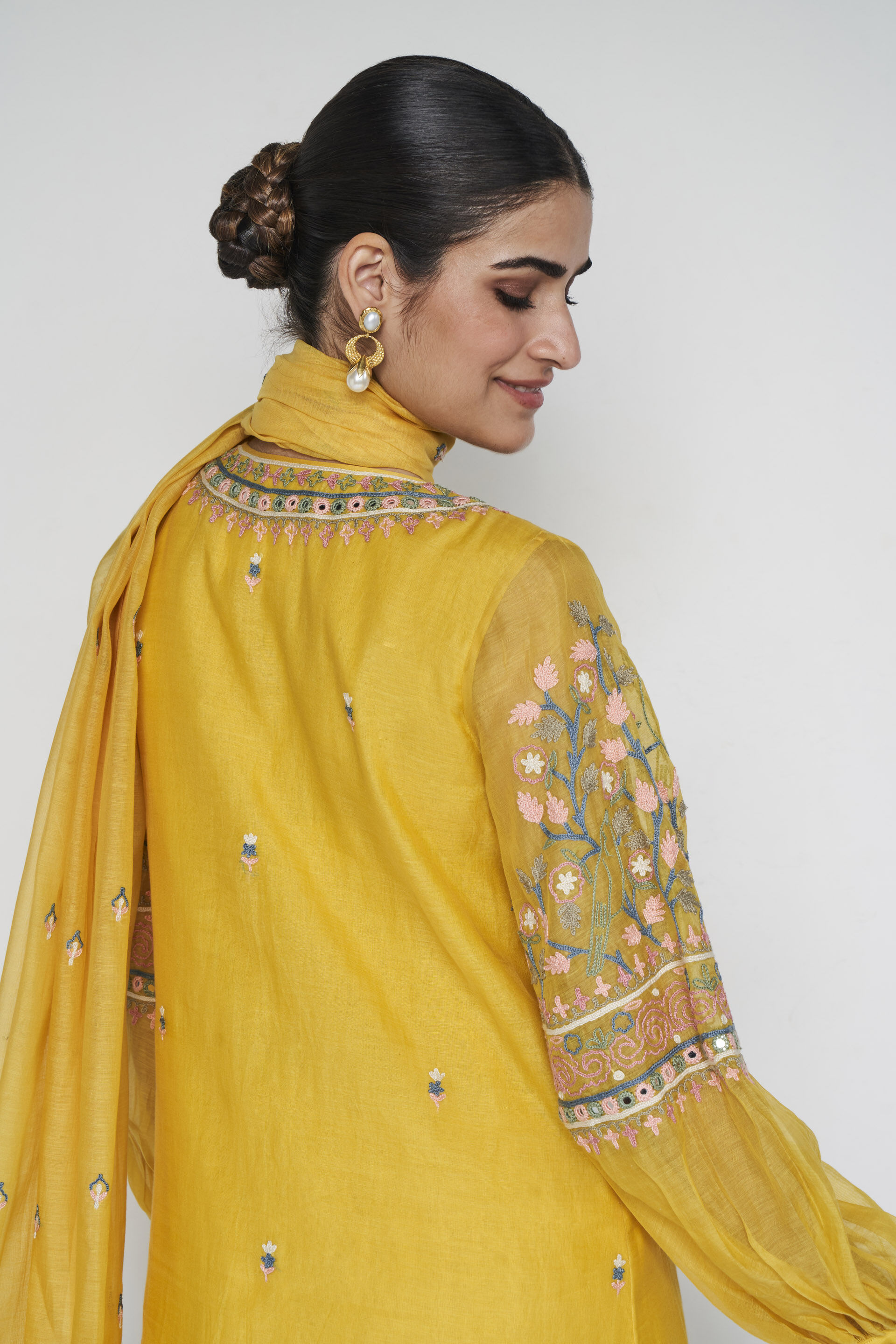 Philomel Embroidered Zardozi Silk Suit Set - Yellow, Yellow, image 7