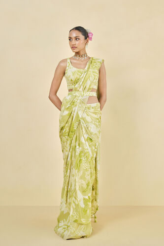 From The Tropics Georgette Pre-draped Saree - Lime, Lime, image 1