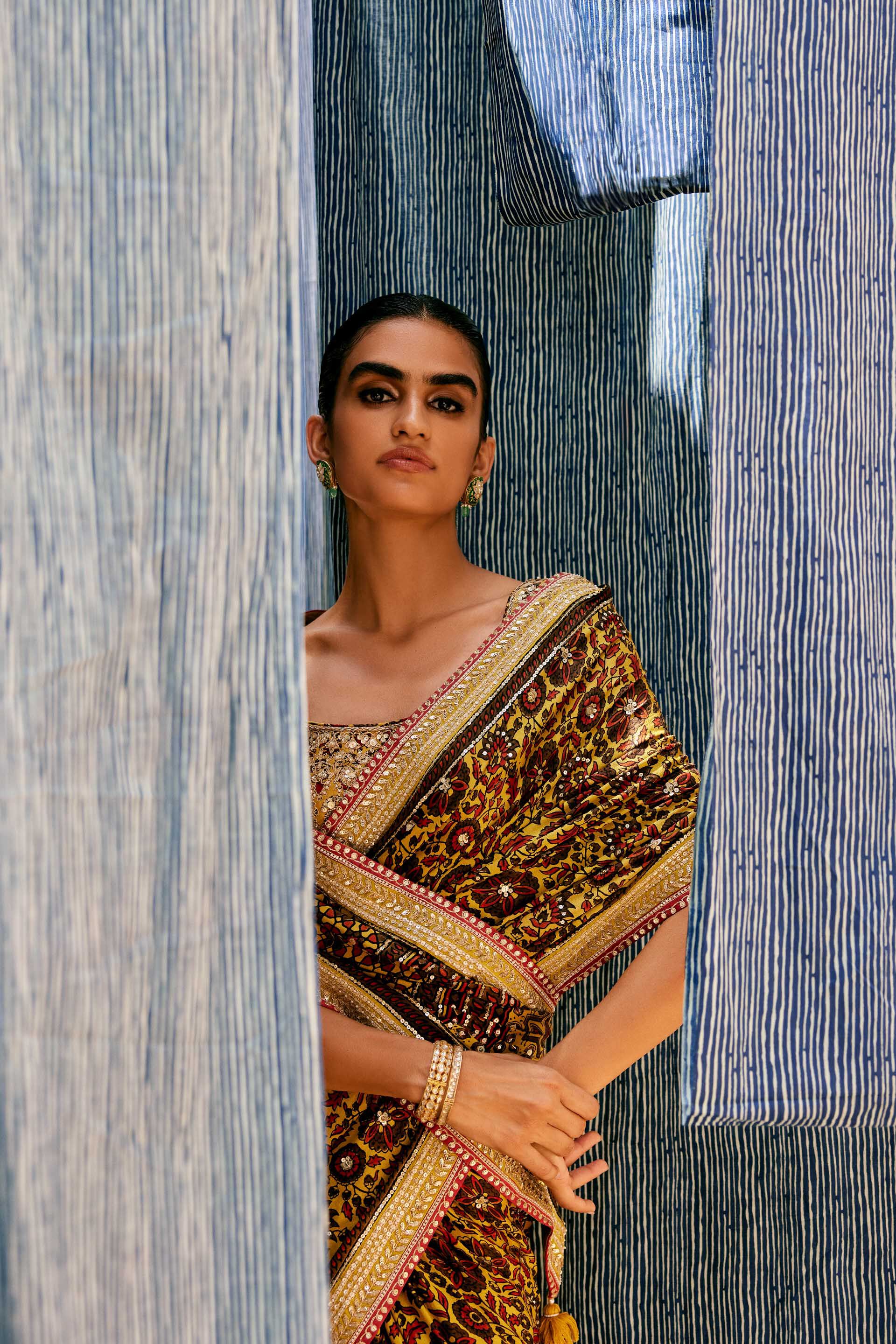Kasano Ajrakh Hand-block Printed Silk Saree - Mustard, Mustard, image 8