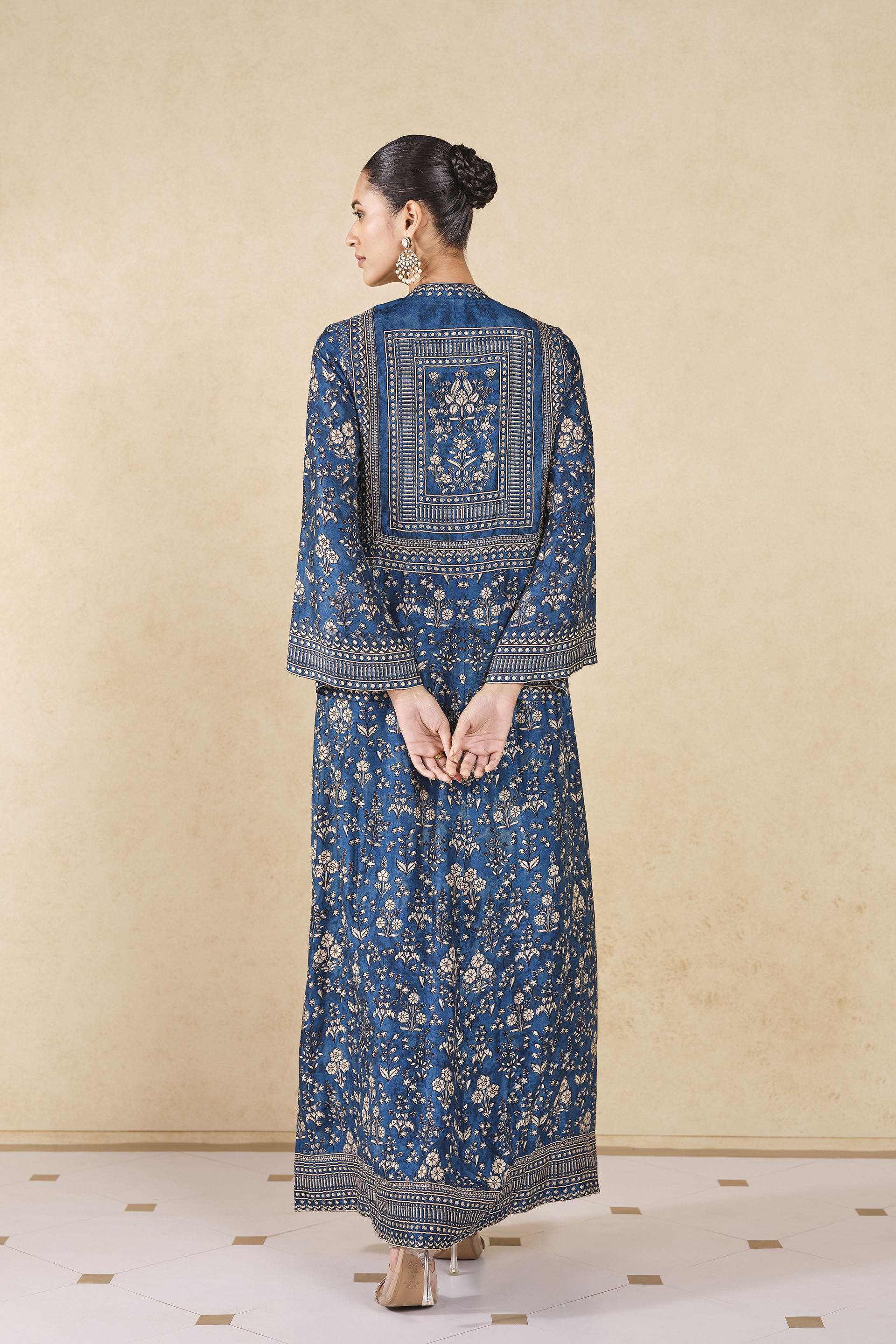 Niral Printed Silk Jacket Set - Blue